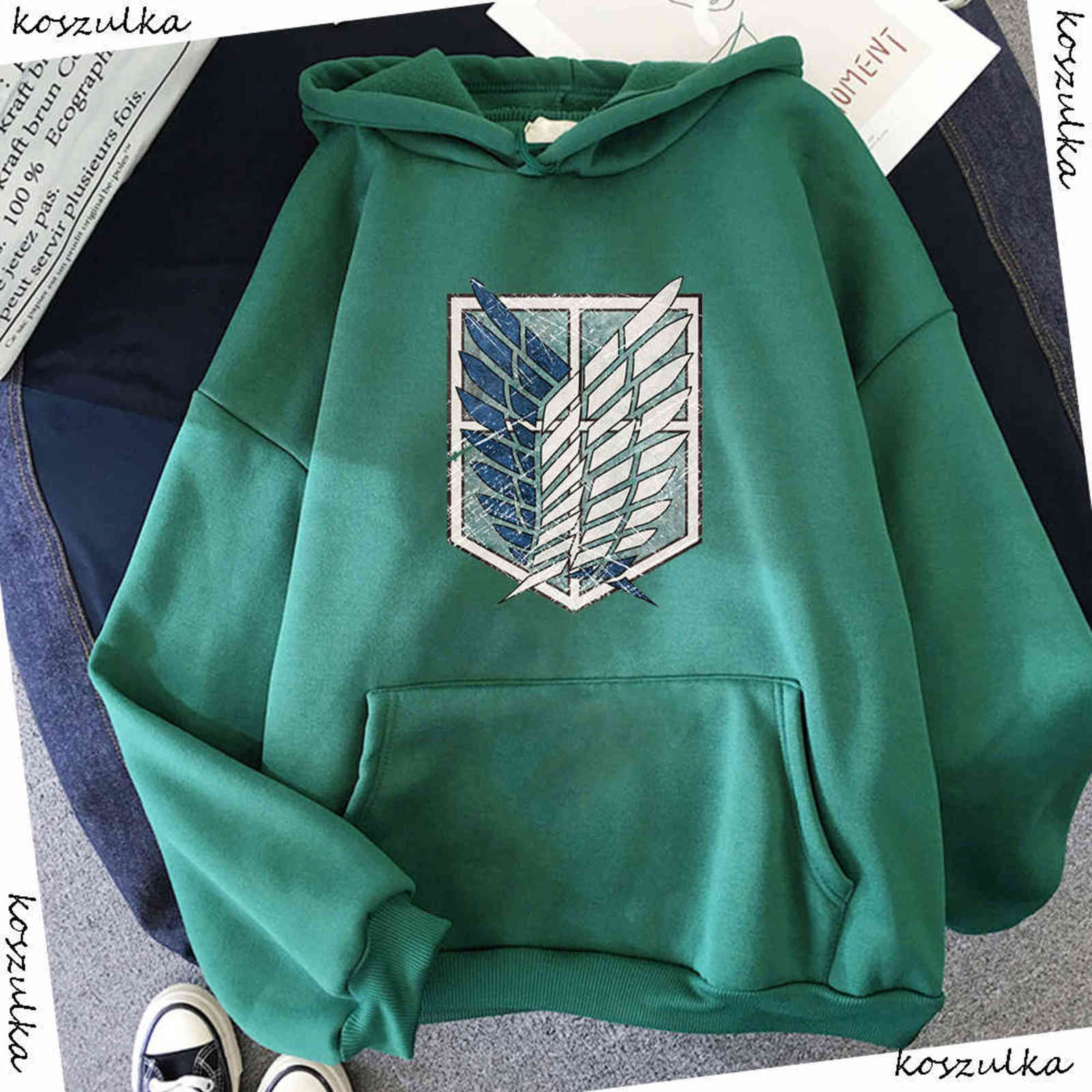 

Anime Hoodie Attack on Titan Hoodied Long Sleeve Streetwear Harajuku Sweatshirt Women Unisex Sport Hoody Green Tops G1 211108