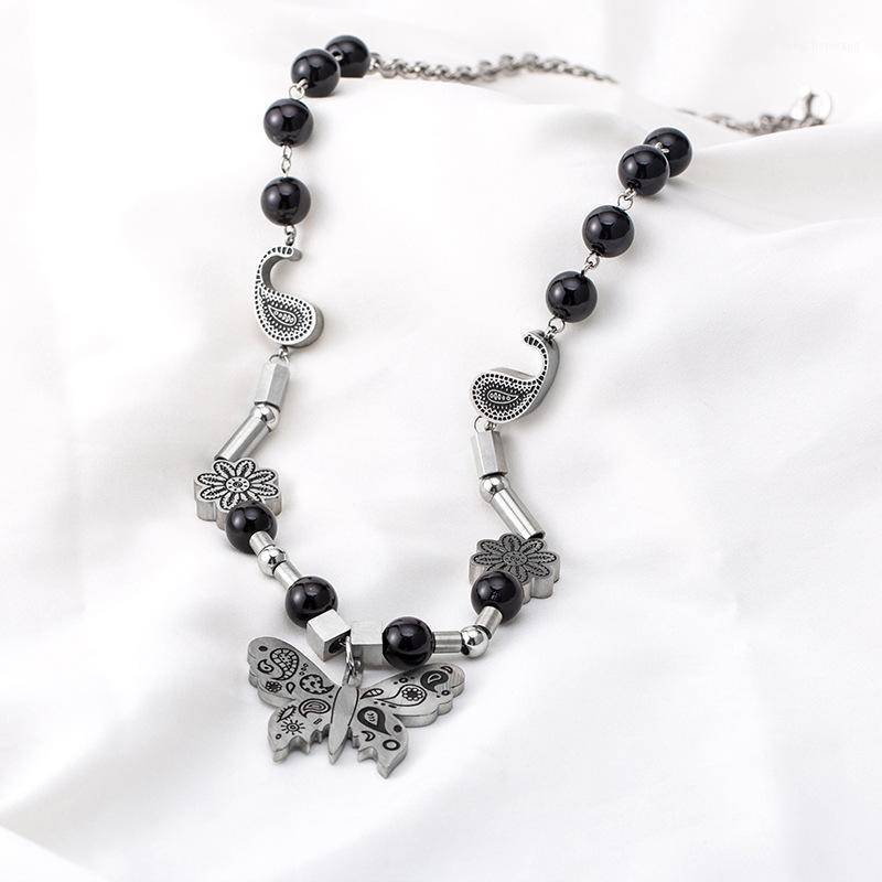 

Chains Titanium Steel Black Pearl Butterfly Splicing Long Necklace