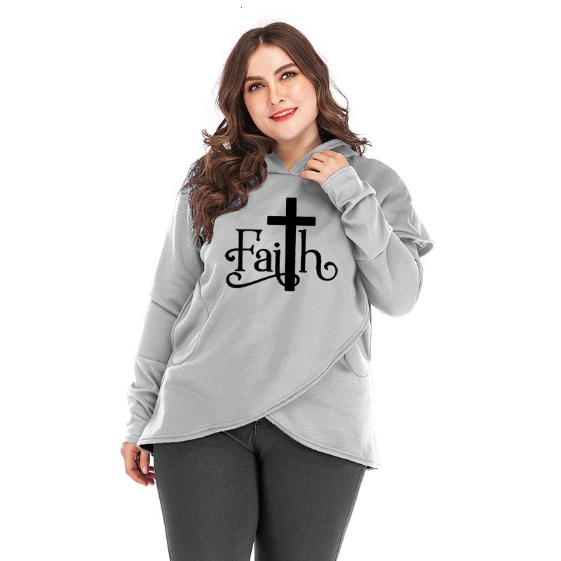 

2021 New Faith Letter Print Hoodies Sweatshirts Women Autumn Winter Casual Fashion Long Sleeve Plus Size Pullovers Female Warm Tops Txuk, Gray