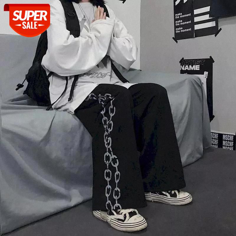

Korean Plus Size Pants Goth Wide Leg Clothes Ins Retro Street Made Old Chain Pattern Printing Casual Straight Trousers Men Women #my5U, Black;white