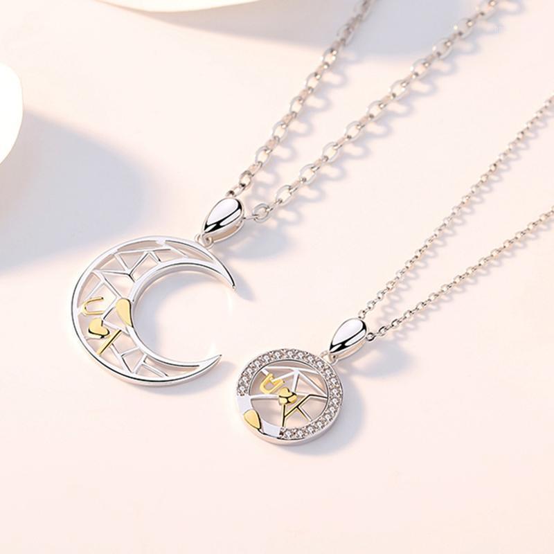

Pendant Necklaces Stitching Star And Moon Couple Necklace Female Pair Ins Trend Simple Personality Japanese Light Luxury Niche Jewelry Gift, Silver