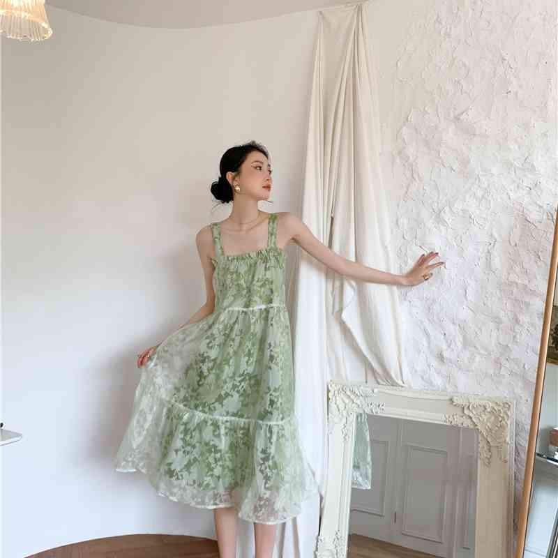 

Casual Dresses Green Backless Long Spaghetti Strap Fairy Tulle Women Summer Floral Mesh Midi Flowy Korean Fashion Clothing SJMW, Blue