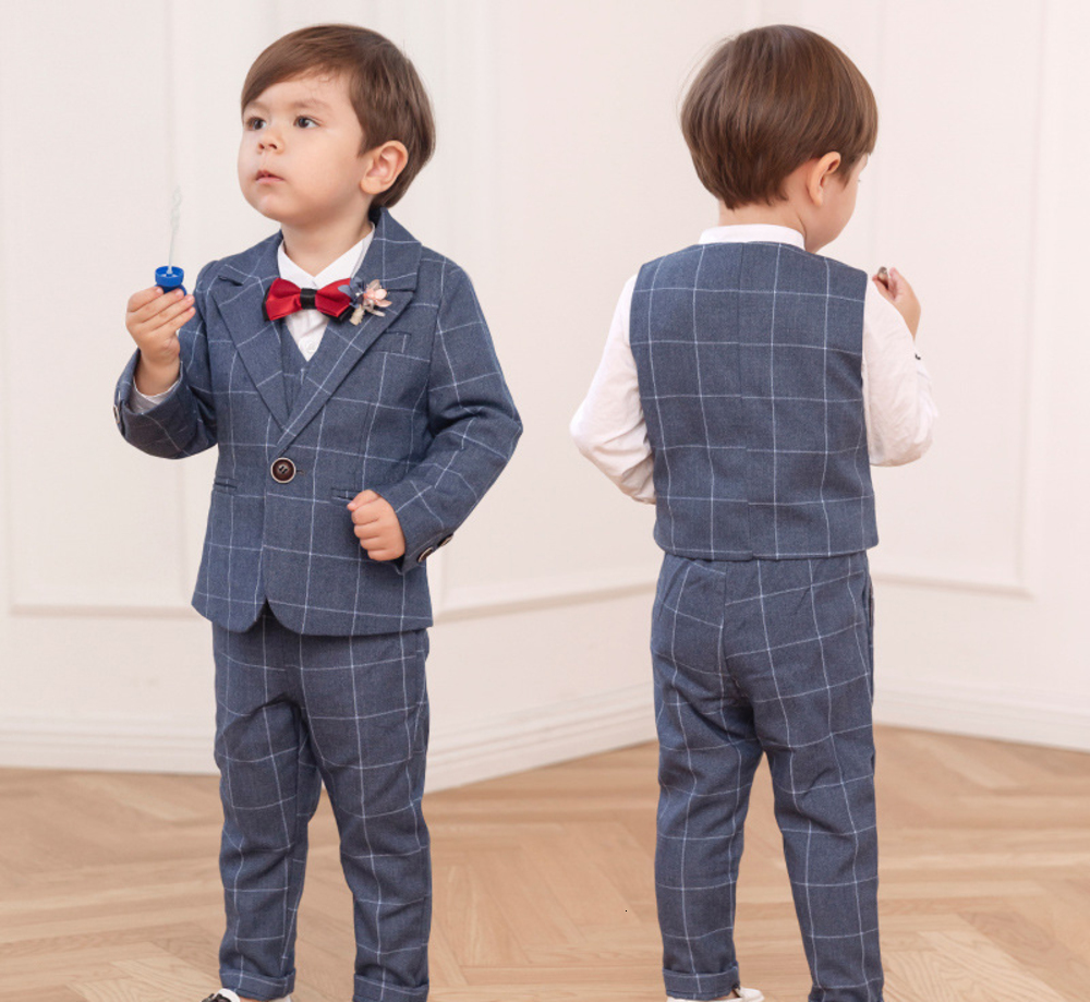 

Boys Plaid Jacket+vest Pants Bowtie 4pcs Wedding Suit Gentleman Kids Birthday Dress Children Formal Party Costume 2-12 T, White