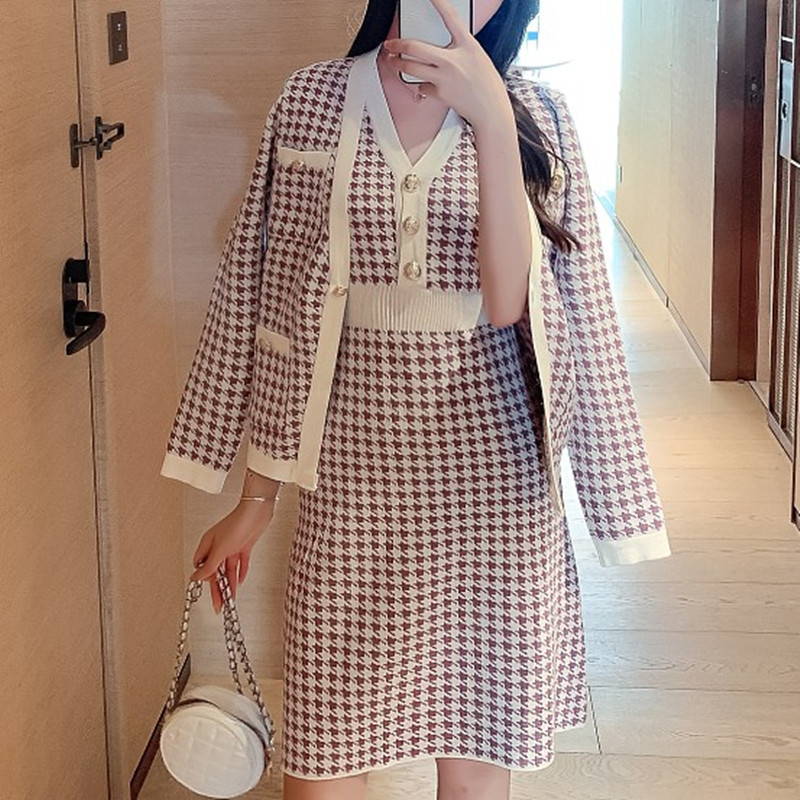 

ZAWFL Autumn Retro Contrast color Check Plaid Cardigan Korea Single-breasted Button Knitted Sweater Package Hips Set 210525, Suit