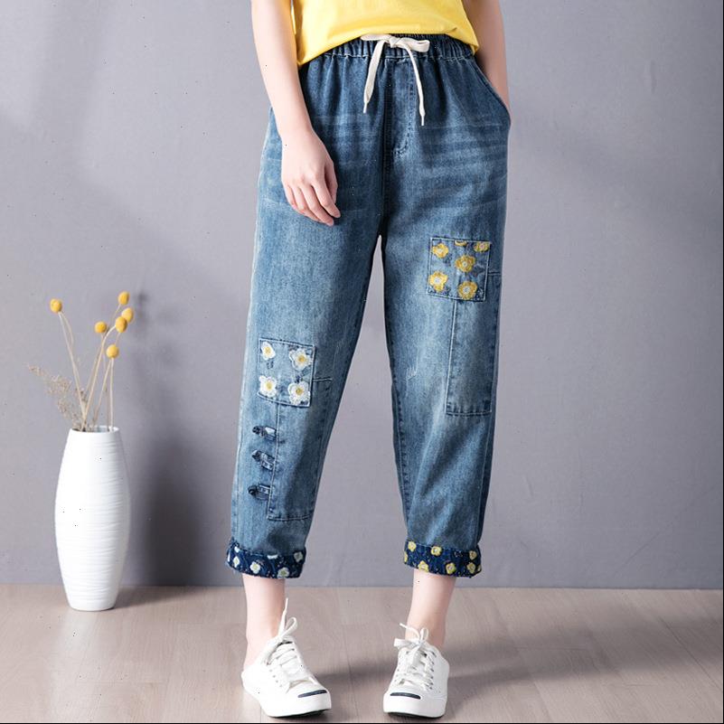 

9260 summer fashion elastic womens jean high waist floral embroidery patchwork retro ankle length denim pant female casual loose jeans, Blue