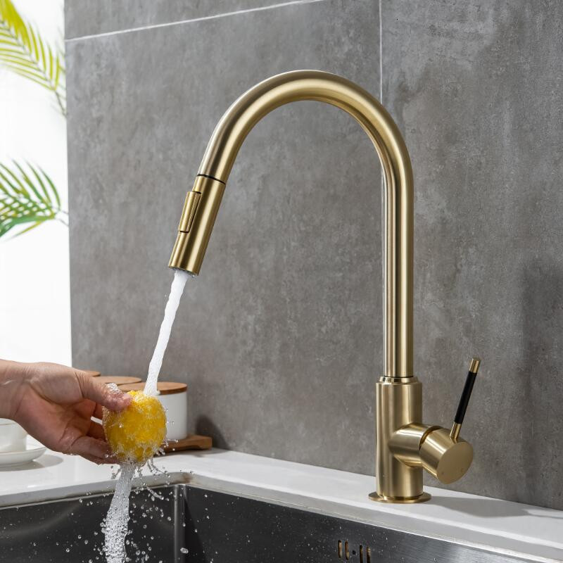 

2021 New Faucets Brushed Gold Out Single Hole Pull Down Kitchen Rotating Water Mixer Tap Sus 304 Bus4