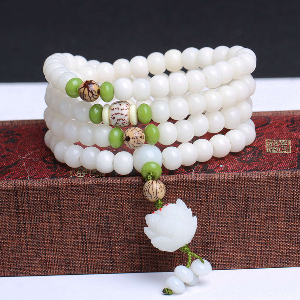 

bracelet Natural white jade Bodhi 108 Buddha beads hand string root lotus pendant star moon writing Bracelet, Golden;silver