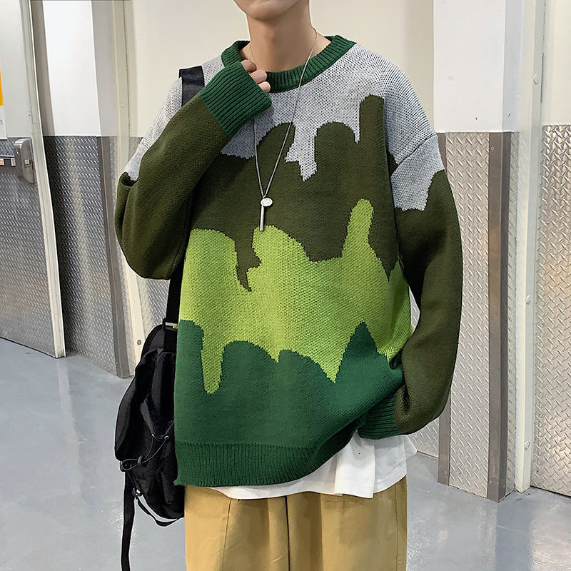 

2021 New Autumn Winter Sweater Men's Warm Fashion Contrast Color Retro Casual Knitted Pullover Men Korean Knitting Sweaters Mens Clothes W7i, Blue and white