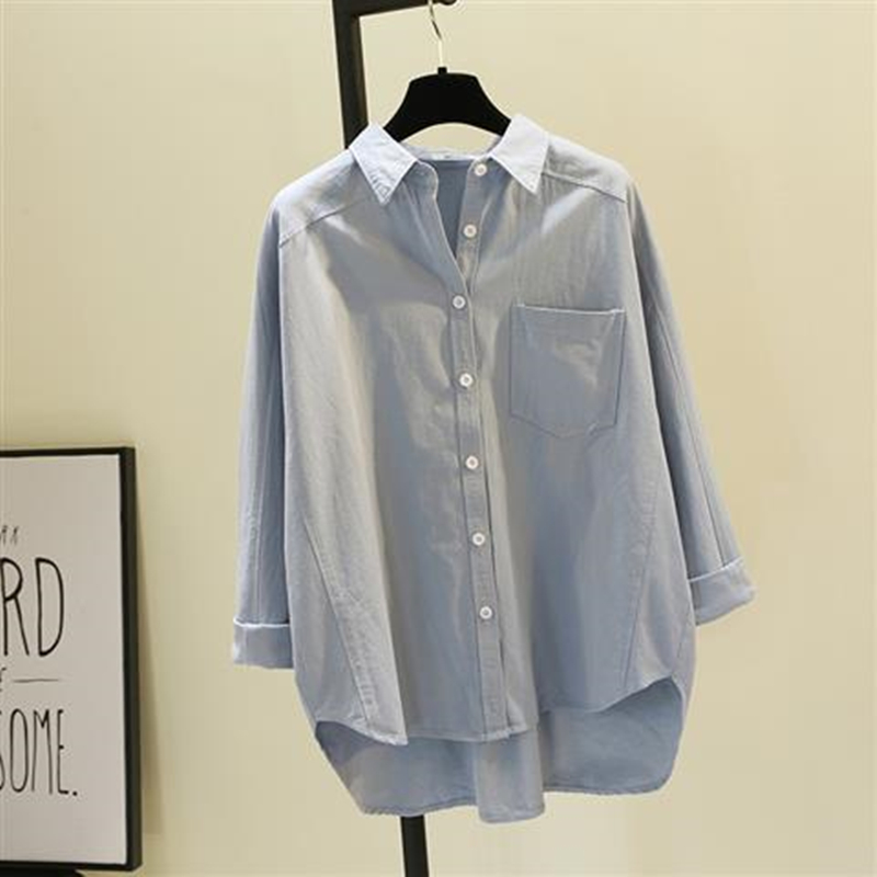 

2021 New Spring Summer Womens 100% Cotton Fabric Blouse Solid Color Long Sleeve Single Breasted Pocket Shirt All-Match Coat, White