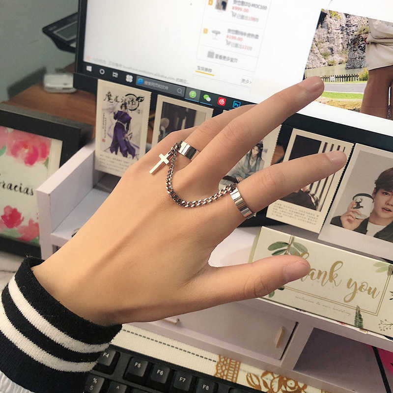 

2020 Sale Vintage Cross Chain Ring Adjustable Joint Ring Hip Hop Punk Finger Rings for Women Men Egirl Dating Party Bff Jewelry Q0708