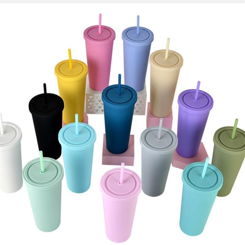 

22OZ Double Layer Plastic Tumbler with Straw Lid Sports Water Bottle Frosted Candy Color Coffee Mug Ice Water Cup Dual Wall Tumblers FY4489, As picture