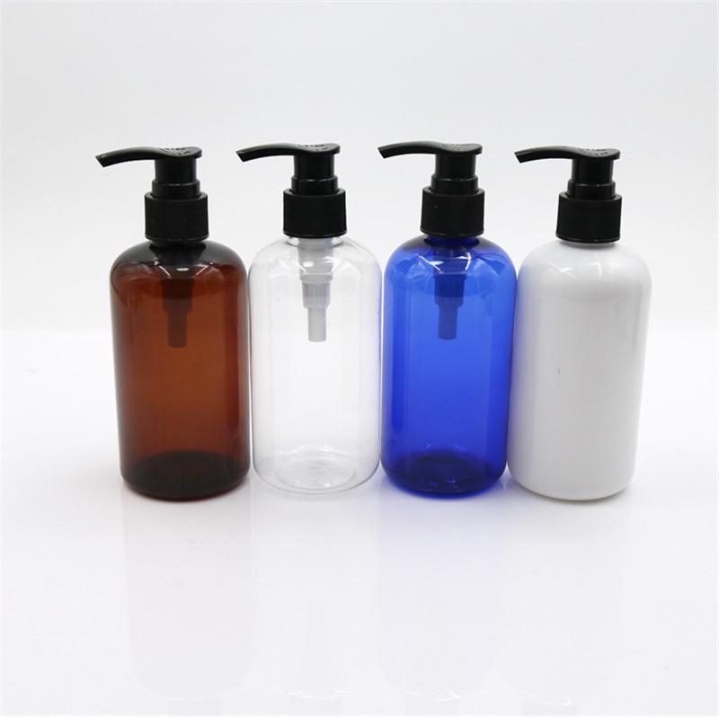 

empty hair blue white clear 150pcs 250ml amber PET plastic shampoo bottle with pump and aluminum cap