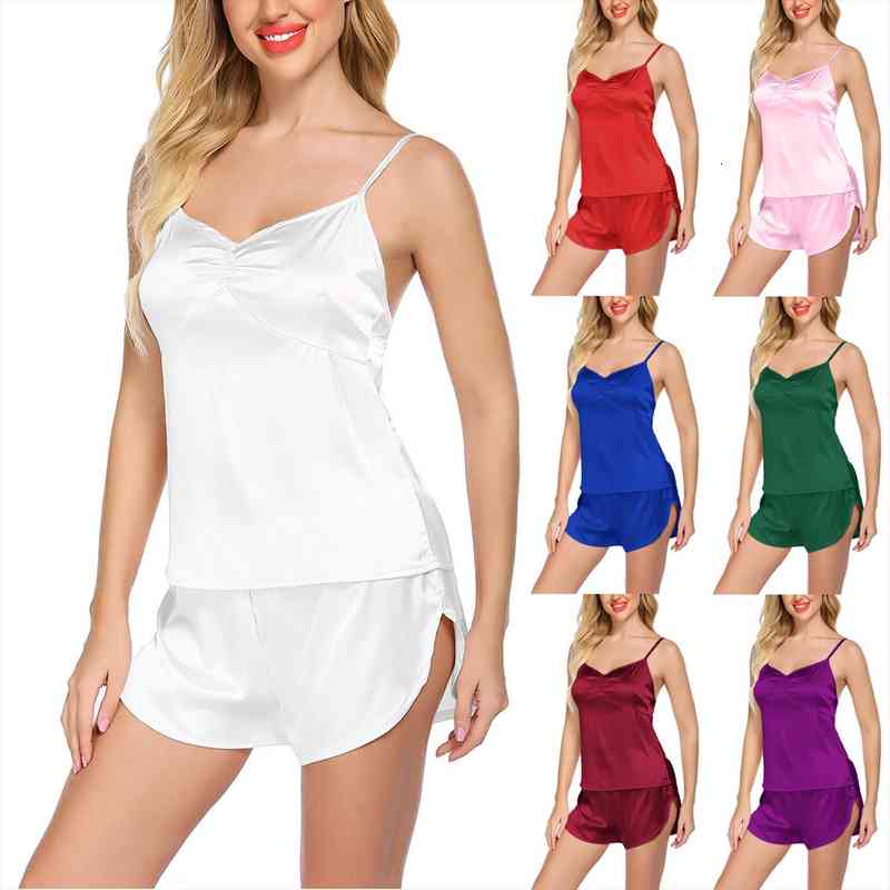 

Fashion Pijama Mujer Women 2pc Sleepwear Sexy Lace Spaghetti Strap Shorts Pajama Set Ladies Sleepwear Ladies Underwear Party Set, Black;red