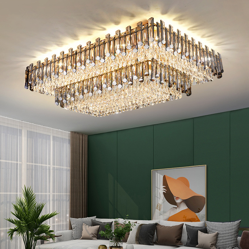 

Luxury Rectangle Smoky Gray K9 Crystal Ceiling Lights Modern Large Chandeliers Lighting Pendant Lamps With E14 LED Bulb For Living Room Foyer Restaurant Hotel