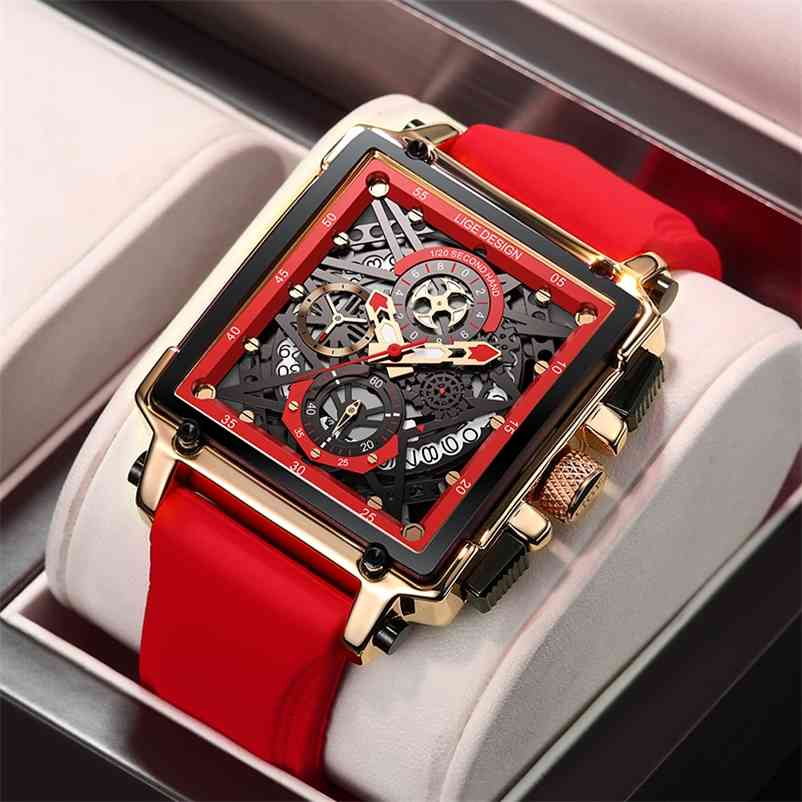 

Men Watches LIGE Top Brand Luxury Waterproof Quartz Square Watch For Men Date Sport Hollow Clock Male Relogio Masculino 210910, Gold blue