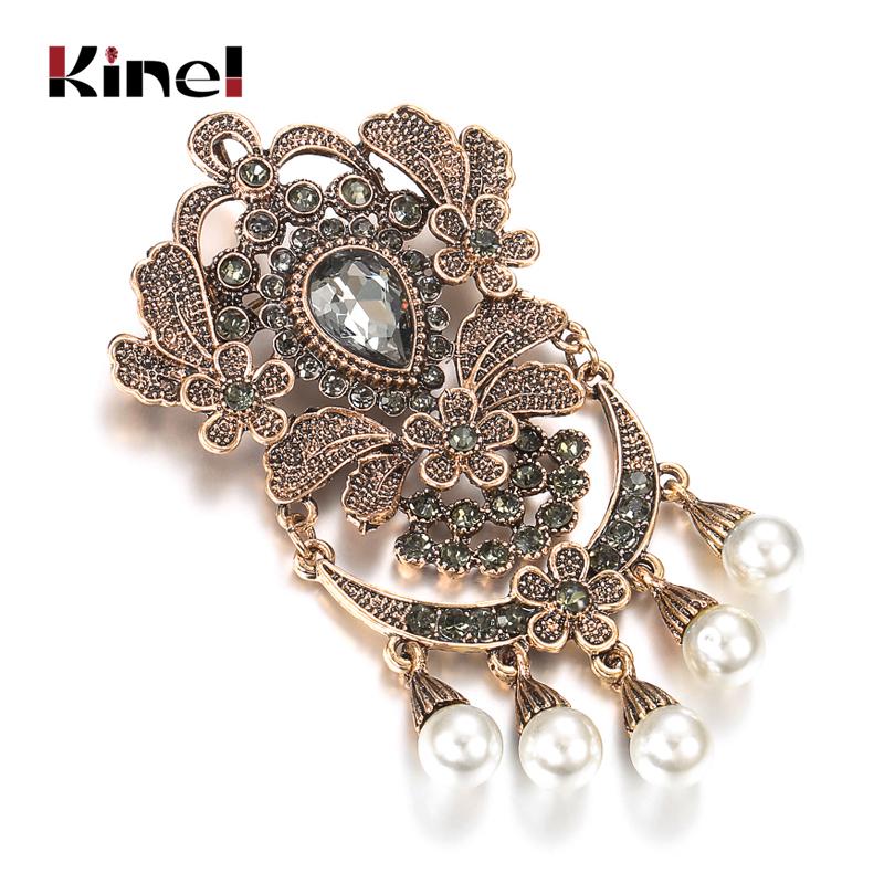 

Pins, Brooches Kinel 2021 Fashion Vintage Gray Crystal Flower Women Brooch Drop Pearl Turkish Ethnic Banquet Jewelry Hijab Caftan Accessorie