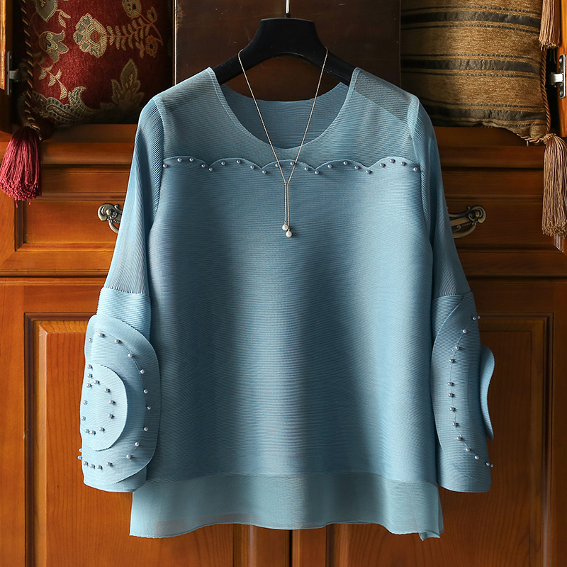 

2021 New Pleated Two Piece Women Layered Beaded Top High Waist Wide Leg Harem Straight Pants Suit Aesthetic Vintage Clothes 4yd9, Black