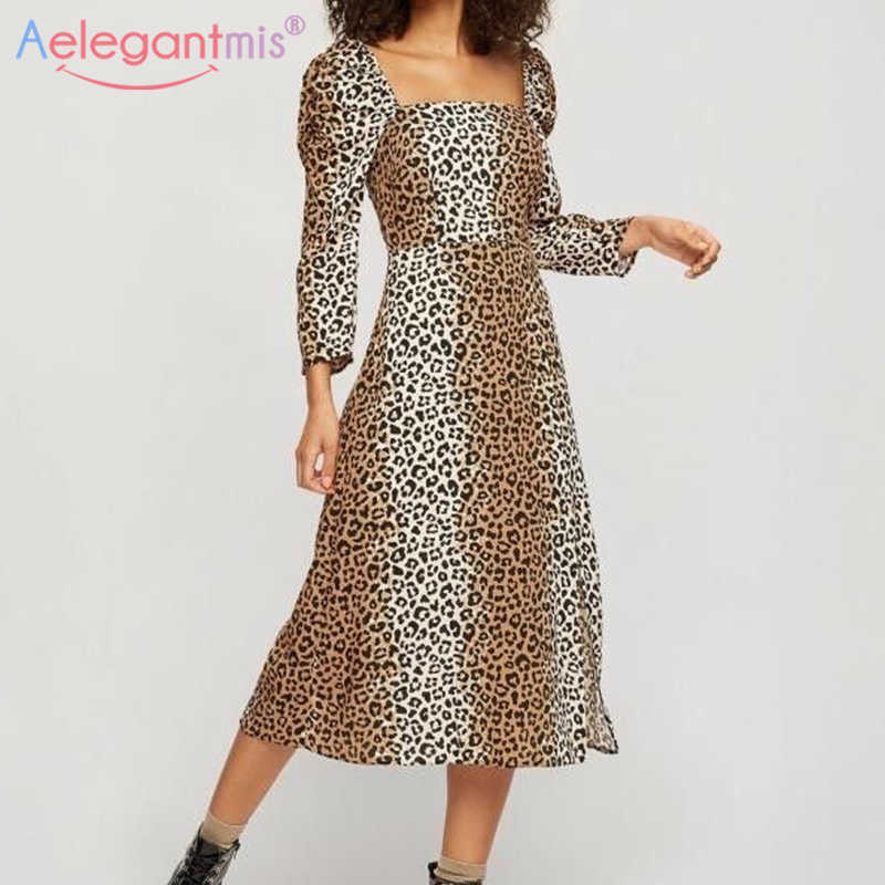

Aelegantmis Vintage Leopard Square Collar Long Dress Women Split Puff Sleeve Elegant Loose Sexy Dresses Mid Calf Vestidos Mujer 210607, As shown