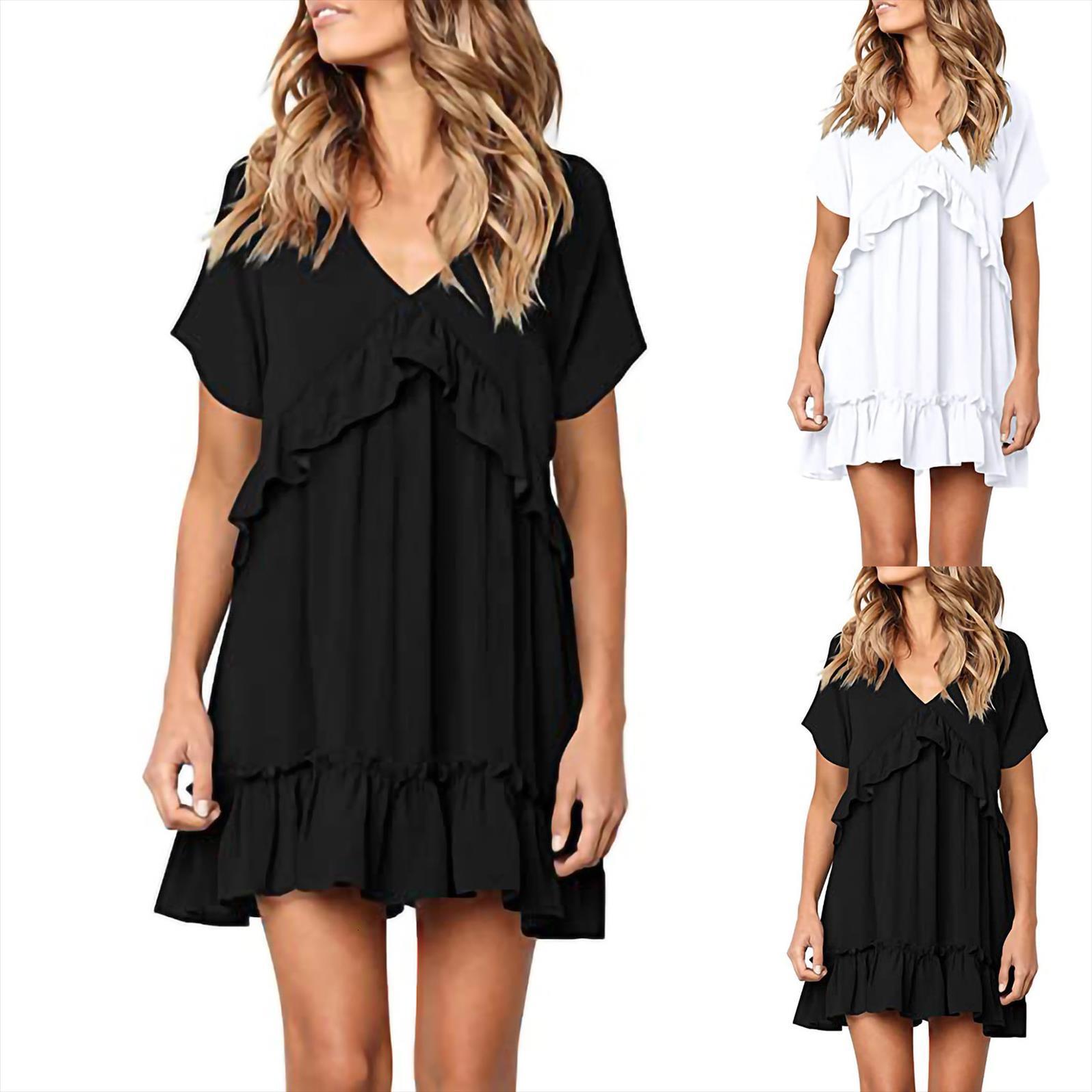 

solid drees v neck womens dress short sleeve beach oversize casual summer ruffle large size mini vestidos, Black;gray
