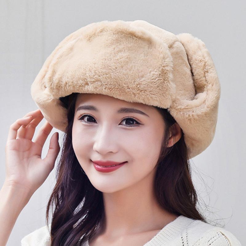 

Berets Plush Ladies Winter Hats With Ear Lei Feng Plus Velvet Warm Thicken Protection Outdoor Cycling Windproof Ski Women Caps WarmBerets, Khaki