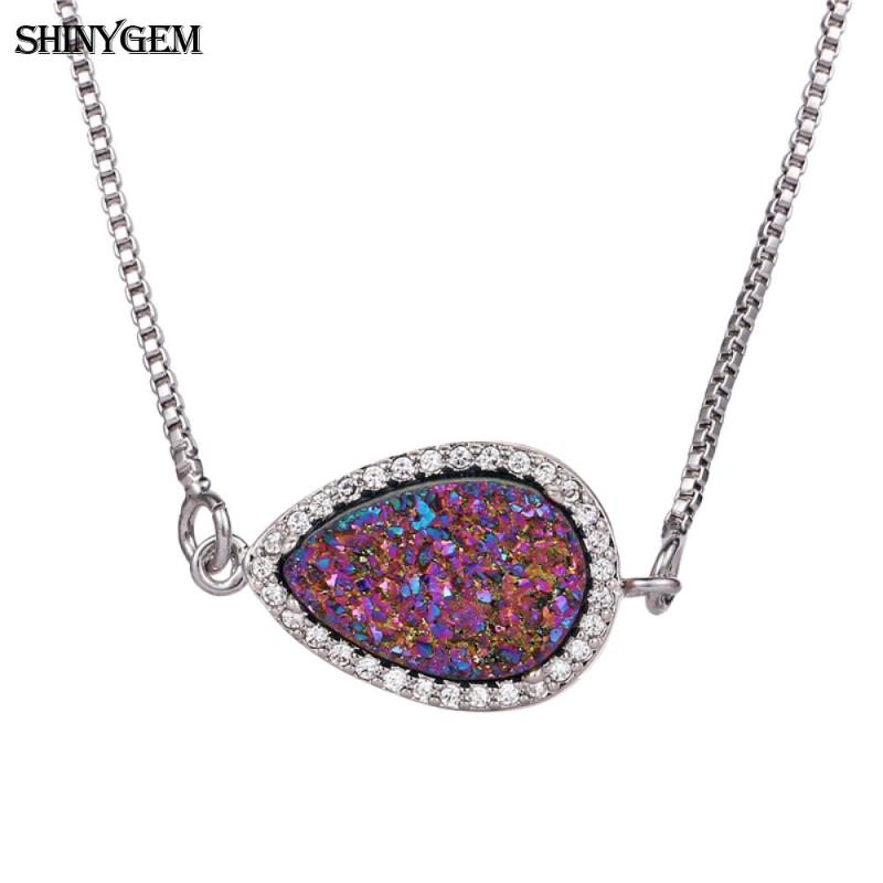

Pendant Necklaces ShinyGem Water Drop Crystal Necklace Peacock Eye Colorful Druzy Natural Stone Silver Plated For Women