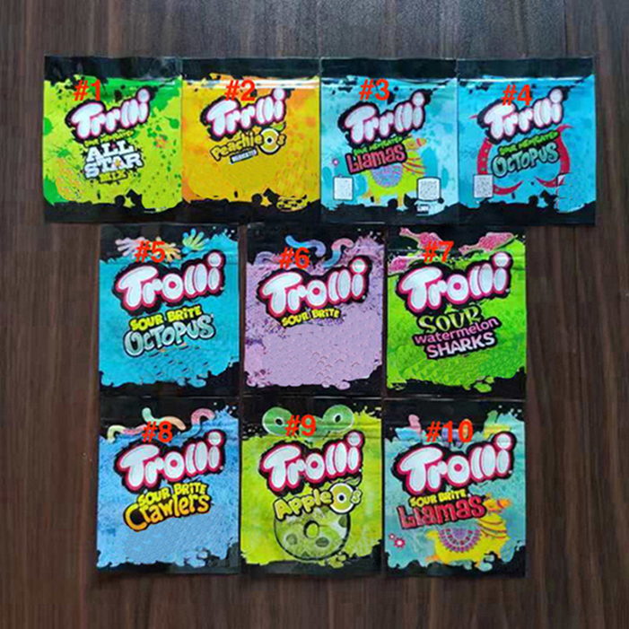 

1 Day Shipping 12 Types NEW hot medicated mylar bag trolli trrlli edibles Gummies packaging smell proof resealable zipper pouch 600mg Bags