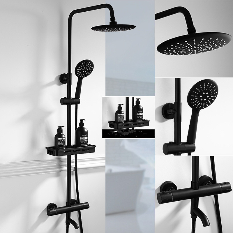 

2021 New Thermostatic Sets with Bathroom Shelf Black Mixer Tap Brass Bath & Shower Set Bathtub Faucet Blhs