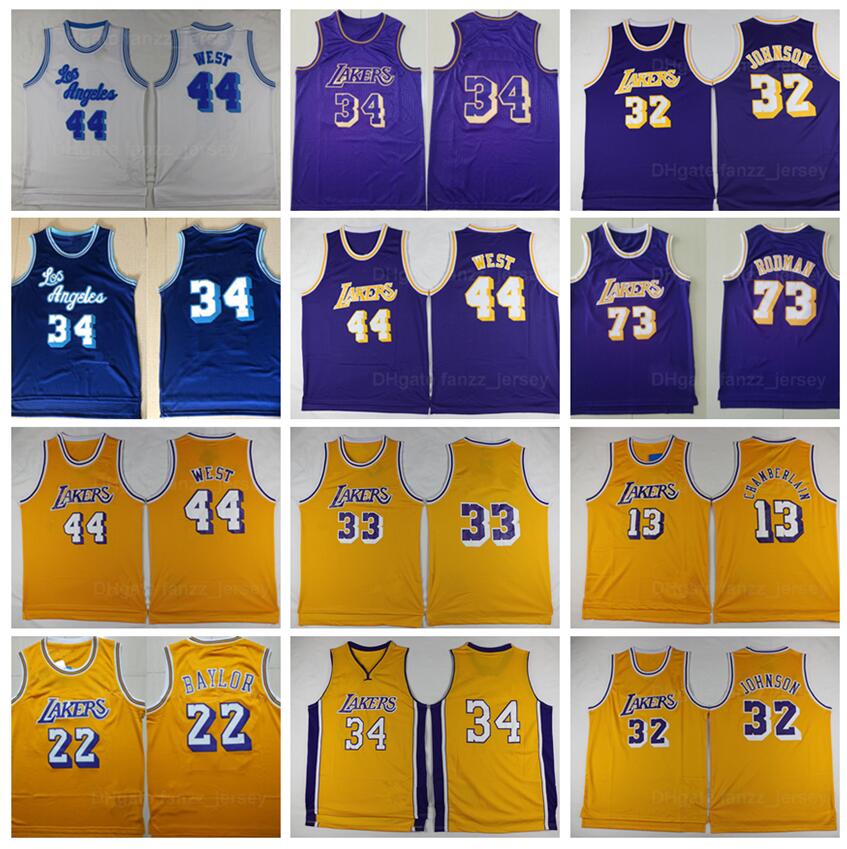 

Men Retro Basketball Dennis Rodman Jersey 73 Vintage Wilt Chamberlain 13 Johnson 32 Jerry West 44 Yellow Purple Blue White Stitched, Black;red