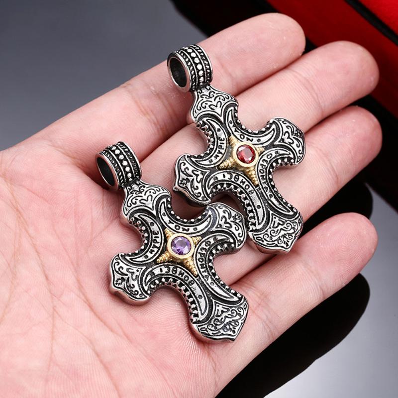 

Pendant Necklaces Vintage Stainless Steel Cross Necklace Punk Hip Hop Inlaid Zircon Carved Gorgeous Fashion Jewelry Gift