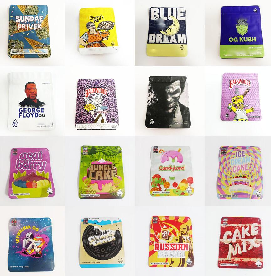 

16 types 3.5g mylar bag Backwoods Budheads Space Matte Smell Proof Stand Up Zipper Resealable blue dream OG KUSH Cherry's Pie Sundae Driver Packaging Bags