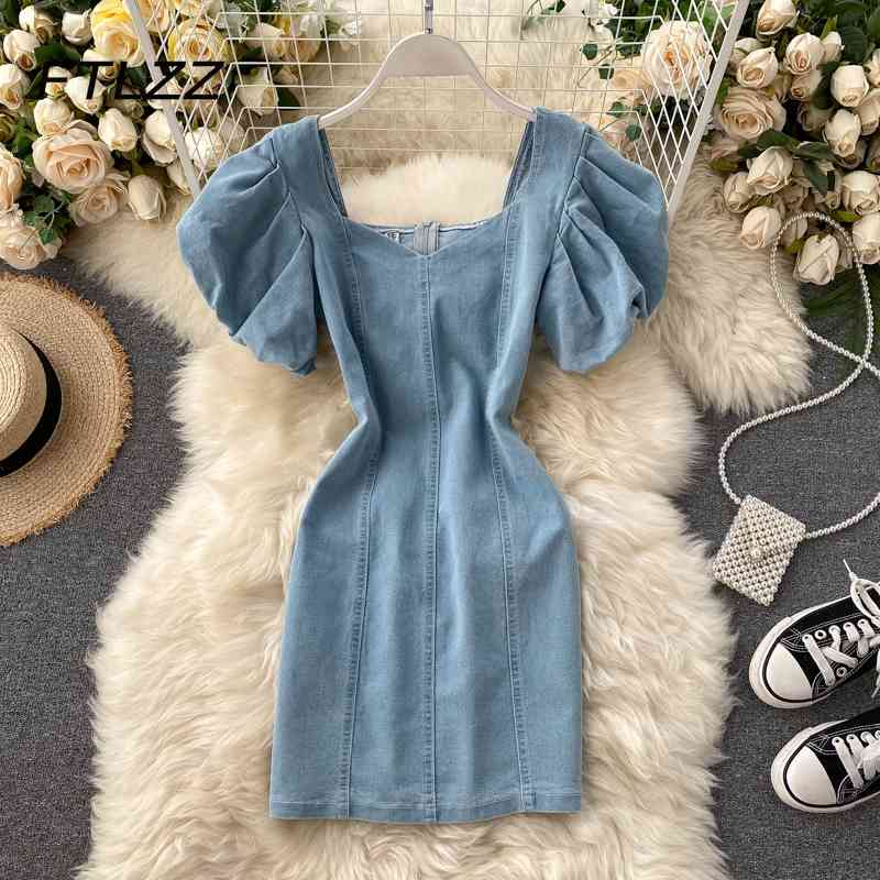 

Women Denim Dress Summer Sweet Puff Sleeve Slim Bodycon es Ladies V Neck Elegant Mini Robe Vestidos Mujer French 210602, Navy blue