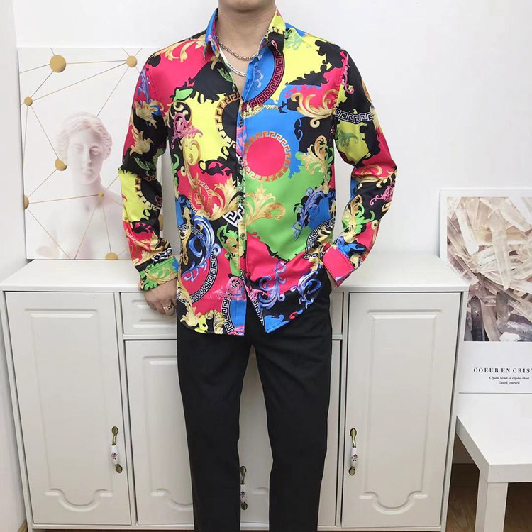 

2021AA new clothing men's shirt 3D printing golden brilliant shirt men's long-sleeved party club designer top men's nightclub, White;black