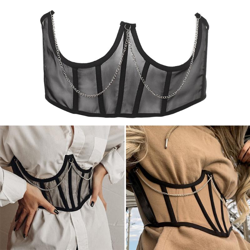 

Belts Women's Punk Metal Chain Black Corset Mall Goth High Waist Corsets Harajuku Vintage Mesh See Through Shaper, As pic