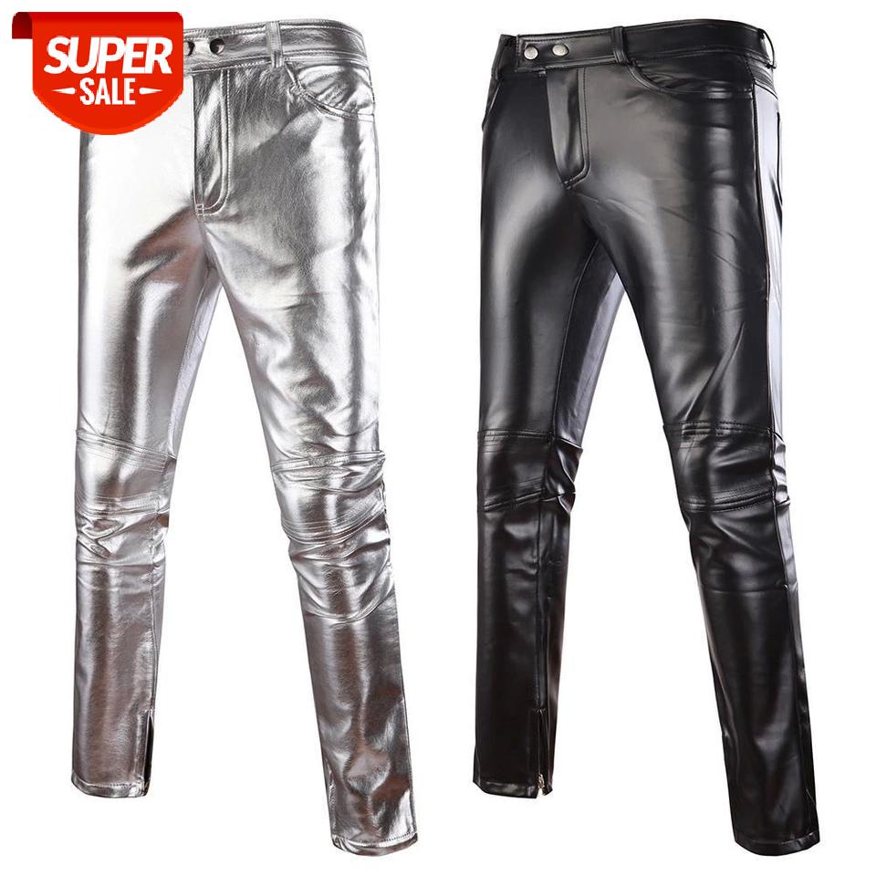 

Pants Men Casual Men Solid Color Faux Leather Button Skinny Pants Motorcycle Club Trousers Skinny Motorcycle Club Trousers #Zl4f, Black