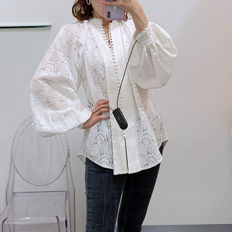 

2021 New Outono Feminino Blusa Branca Oco Para Fora Bordado Decote Em v Lanterna Manga Algodo Botes Nova Senhoras Camisa Zilr, Black