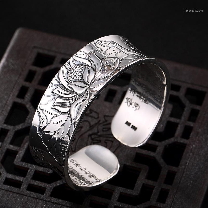 

Pure Silver Lotus Prajna Paramita Heart Sterling Retro Ladies Open Bracelets Buddhist Sutra Bracelet Bangle