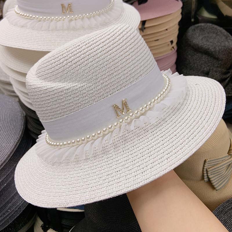 

2021 New Women Foldable Wide Brim Sun Ladies Lace Pearls Trim Black White Fedoras Upf 50+ Bucket Straw Hats Summer Beach Jazz Cap Rrxv