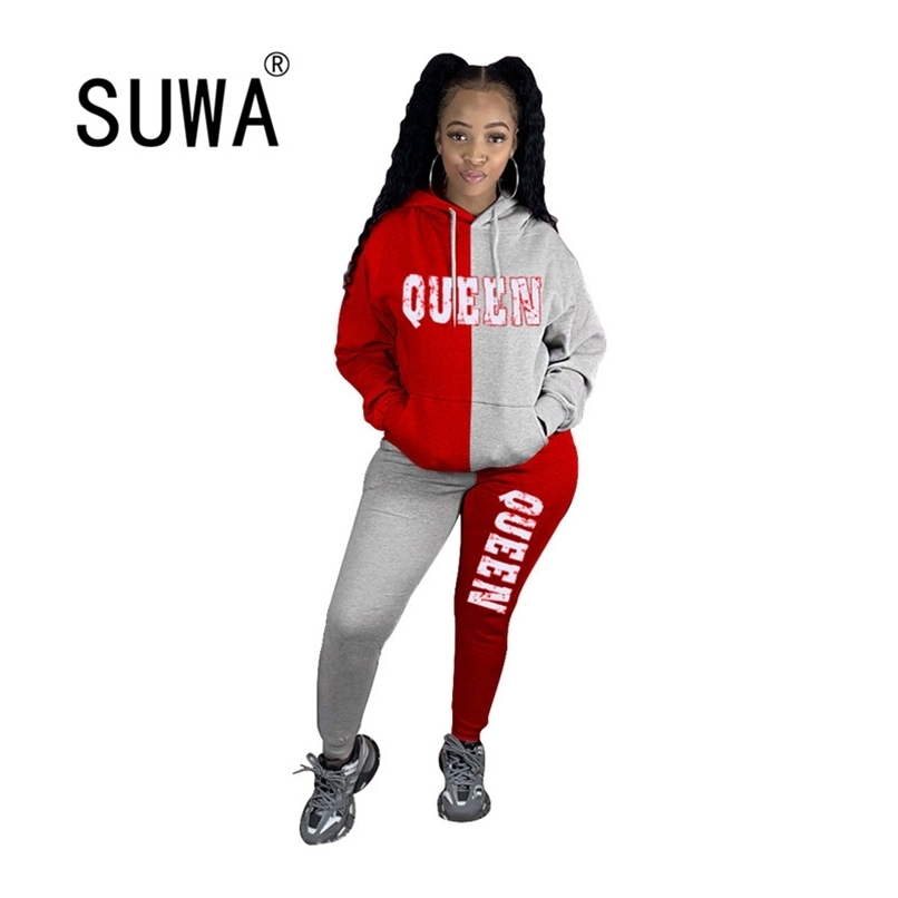 

Contrast Color Tracksuit Womens Two Piece Outfits QUEEN Letter Printed Pullover Sweatshirt Top Trousers Matching Sets Wholesale 210525, Red