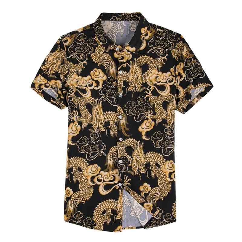 

Chinese Cardigan Style Black White Print Dragon With Silk Men'S Short Sleeves Hawaiian Shirts For Summer Oversize Clothes 210721, 601 black