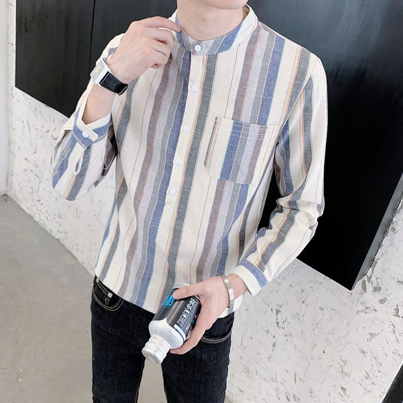 

2021 New Outono Novo Algodo & Linho Manga Longa Camisas Listradas Dos Homens Roupas Moda Gola Solta Bolso Frontal Blusas Casuais Homme Ljzd, Dark blue