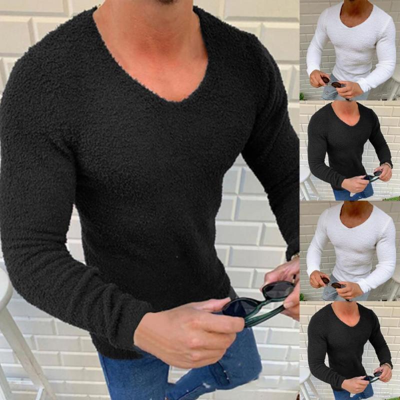 

Men's T-Shirts Casual Men Shirt Solid Color V Neck Fleece Slim Autumn Base Knitted Tee Male Top Pullover Streetwear Clothing, White;black