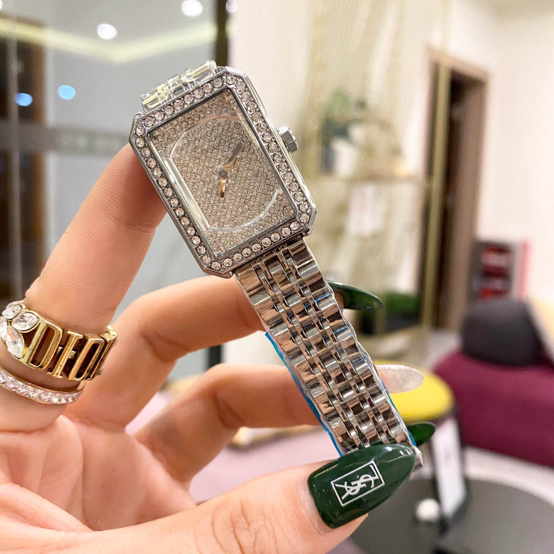 

Top Brand quartz wrist Watch for Women Girl Crystal Rectangle style metal steel band Watches CHA44, Slivery;brown