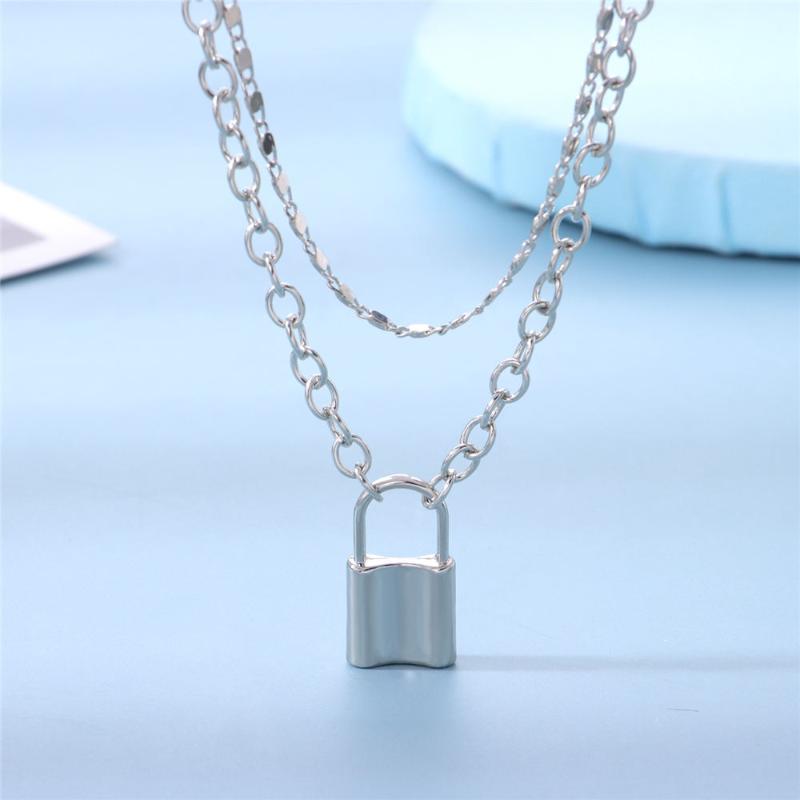 

Multilayer Lock Chain Necklace Punk 2021 Padlock Key Pendant Necklace Women Girl Fashion Gothic Party Jewelry, Golden;silver