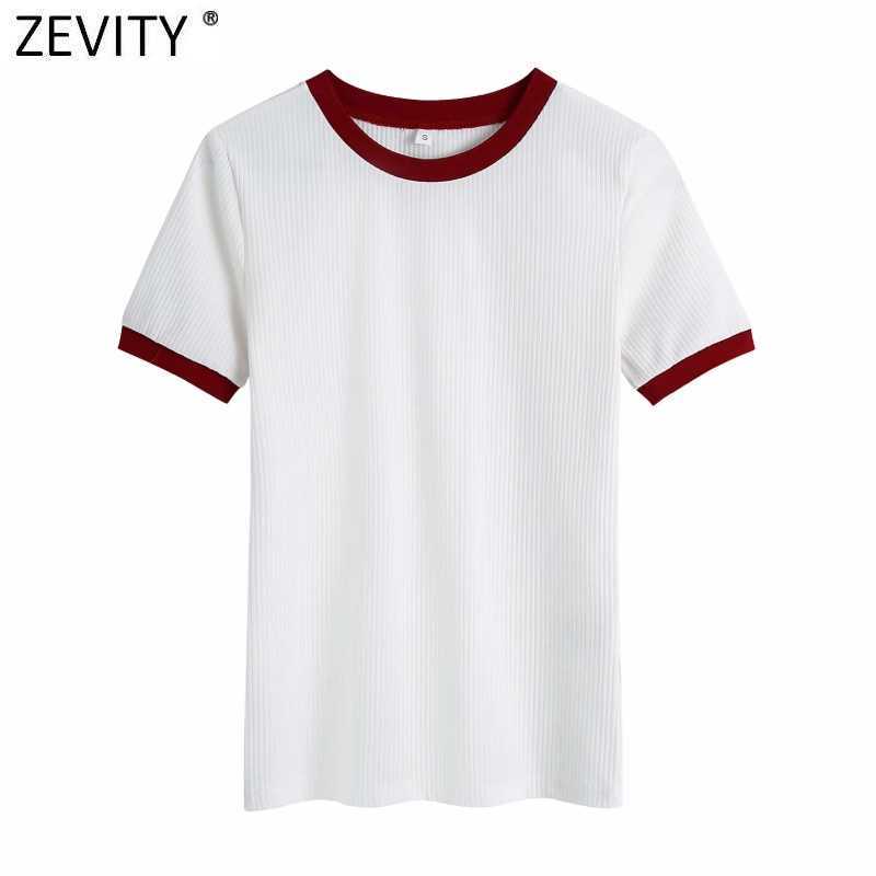 

Zevity Women Basic O Neck Short Sleeve Casual Slim T-shirt Female Black White Patchwork Knitted Chic Summer Tops LS9019 210603, Bb ls9019b
