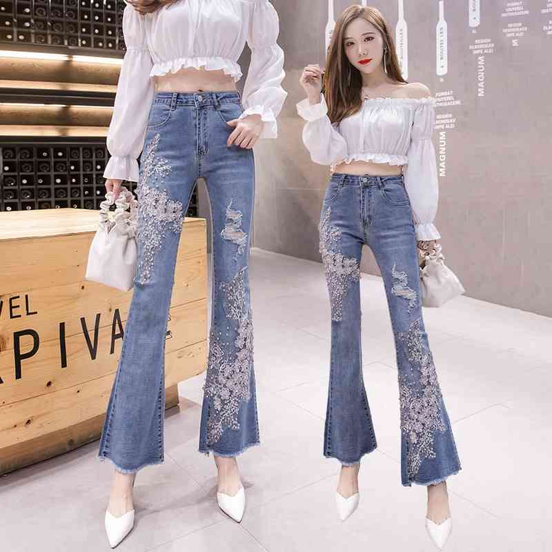 

Spring High Waist Flare Jeans Women Bell Bottom Denim Ladies Skinny Retro Female Ankle Pants Trousers 210603, Blue