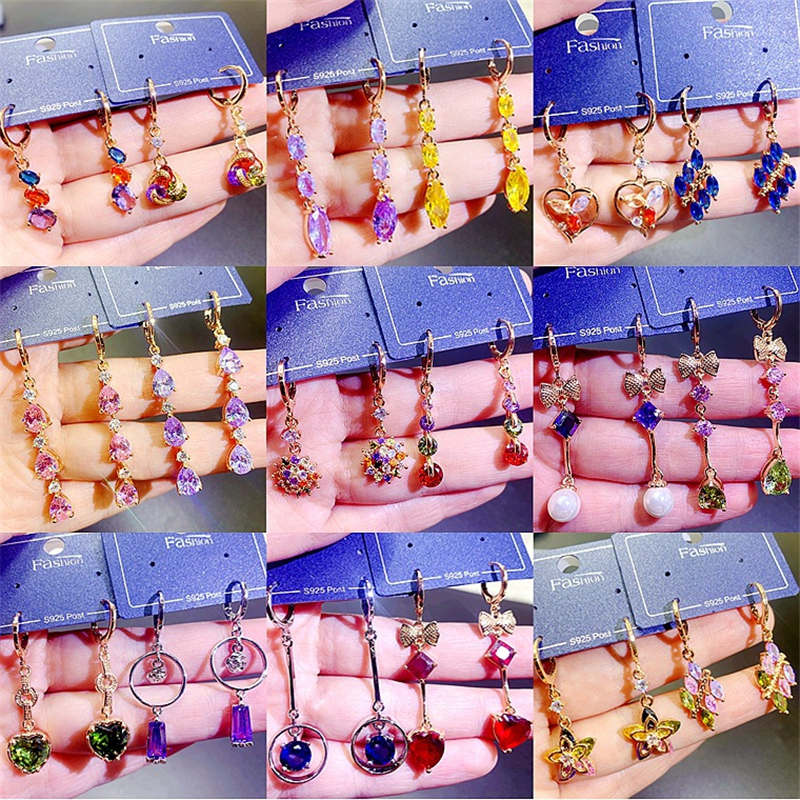 

Multicolor Crystal Zircon Dangle Earrings For Women Fashion Cartilage Tassel Eardrop Circle Earring 14k Real Gold Color Preserving Jewelry 1 lot/10 pairs