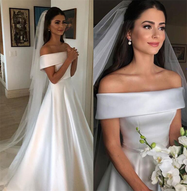 

2021 Cheap White Satin Wedding Dresses Elegant A Line Off The Shoulder Franch Bridal Gowns Sweep Train robe de mariee vestido WJH357, Same as image