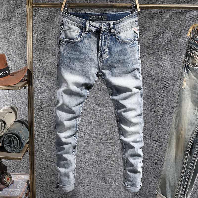 

2021 New Italian Style Fashion Men Jeans Retro Light Blue Elastic Slim Fit Casual Denim Pants High Quality Vintage Designer Long Trousers 3x