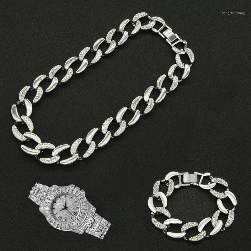 

Chains 19MM 3pcs Kit Hip Hop Iced Out Paved Rhinestone Choker Miami Curb Cuban Rapper Necklace+Watch+Bracelet For Men Women Jewelry