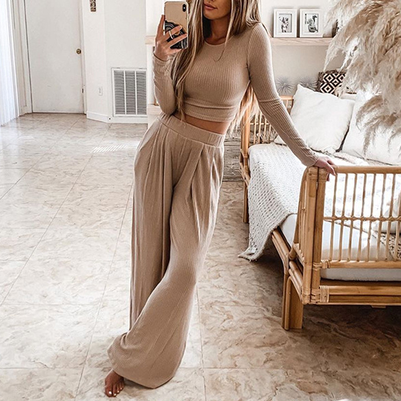 

2021 New Winter o Neck Casual Crop Top + High Waist Pants Vintage Women 2 Piece Set Home Suit Female Qau8, Black